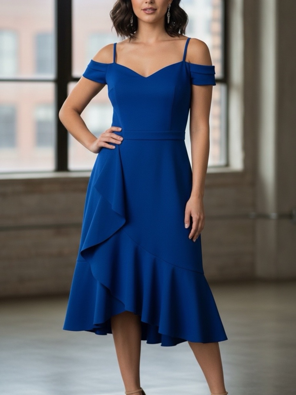 Elegant Cold-Shoulder Midi Dress in Royal Blue